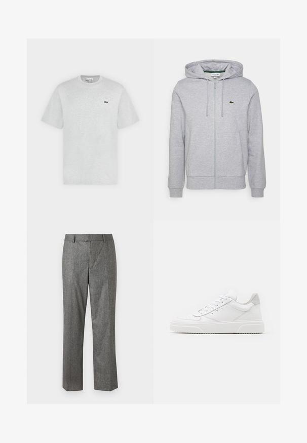Lys grå zip-up hoodie lavet af blødt stof. Har en kengurulomme og et lille grønt Lacoste-logo på venstre bryst. Justerbar hætte.; Lysegrå t-shirt med korte ærmer og rund hals med lille grønt Lacoste krokodillelogo på venstre bryst.; Grå skræddersyede bukser i et tekstureret stof, lige ben design, med forlommer og en flad talje. Ingen synlige lukninger.; Hvide lædersneakers med en glat finish, rund tå, flade snørebånd og en struktureret sål. Grå ruskindsdetalje ved hælen.