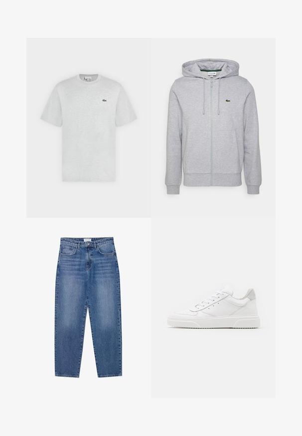 Lys grå zip-up hoodie lavet af blødt stof. Har en kengurulomme og et lille grønt Lacoste-logo på venstre bryst. Justerbar hætte.; Lysegrå t-shirt med korte ærmer og rund hals med lille grønt Lacoste krokodillelogo på venstre bryst.; Blå denim jeans med høj talje, lige ben design og slidte finish. Har fem lommer og en knaplukning.; Hvide lædersneakers med en glat finish, rund tå, flade snørebånd og en struktureret sål. Grå ruskindsdetalje ved hælen.