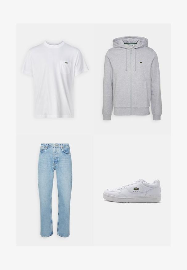 Hellgraue Zip-Hoodie aus weichem Stoff. Mit einer Kängurutasche und einem kleinen grünen Lacoste-Logo auf der linken Brust. Verstellbare Kapuze.; Weißes Baumwoll-T-Shirt mit Rundhalsausschnitt und kurzen Ärmeln. Verfügt über eine linke Brusttasche und ein kleines grünes Lacoste-Logo.; Hellblaue Jeans aus Denim mit geradem Schnitt, hoher Taille, fünf Taschen-Design und sichtbaren Nähten an den Nähten und Säumen.; Weiße Ledersneaker mit perforierter Zehenpartie und einem grünen Krokodil-Logo an der Außenseite. Sie verfügen über eine flache Sohle und ein Schnürdesign.