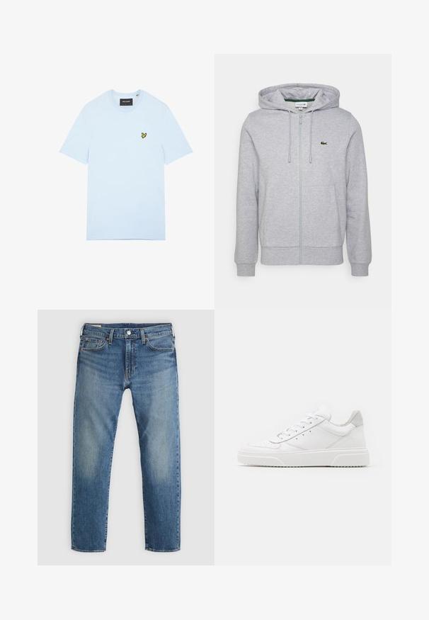 Sweat à zip gris clair en tissu doux. Il dispose d'une poche kangourou et d'un petit logo vert Lacoste sur la poitrine gauche. Capuche ajustable.; T-shirt en coton bleu clair avec col rond, arborant un petit logo d'oiseau jaune brodé sur le côté gauche de la poitrine. Manches courtes, couleur unie.; Jean en denim bleu avec une coupe droite, présentant un délavage aux cuisses, cinq poches et un bouton argenté à la taille.; Des baskets en cuir blanc avec une finition lisse, un bout rond, des lacets plats et une semelle texturée. Accents en daim gris au niveau du talon.