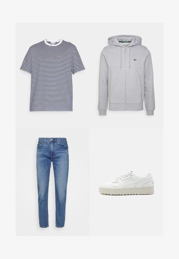 Vaalea harmaa vetoketjullinen huppari, joka on valmistettu pehmeästä kankaasta. Siinä on kengurupocket ja pieni vihreä Lacoste-logo vasemmassa rinnan kohdalla. Säädettävä huppu.; Navy ja valge triibuline puuvillane t-särk ümmarguse kaeluse ja lühikeste varrukatega. Ees on väike roheline krokodilli logo.; Levi's® 502™ TAPER HI BALL - Slim fit -farkut - dolf bombay adv; Valkoinen matala sneaker paksulla pohjalla, edessä nauhoitus, rei’itetyt yksityiskohdat ja pehmustettu kaulus yksinkertaisen vaaleanharmaan taustan päällä.