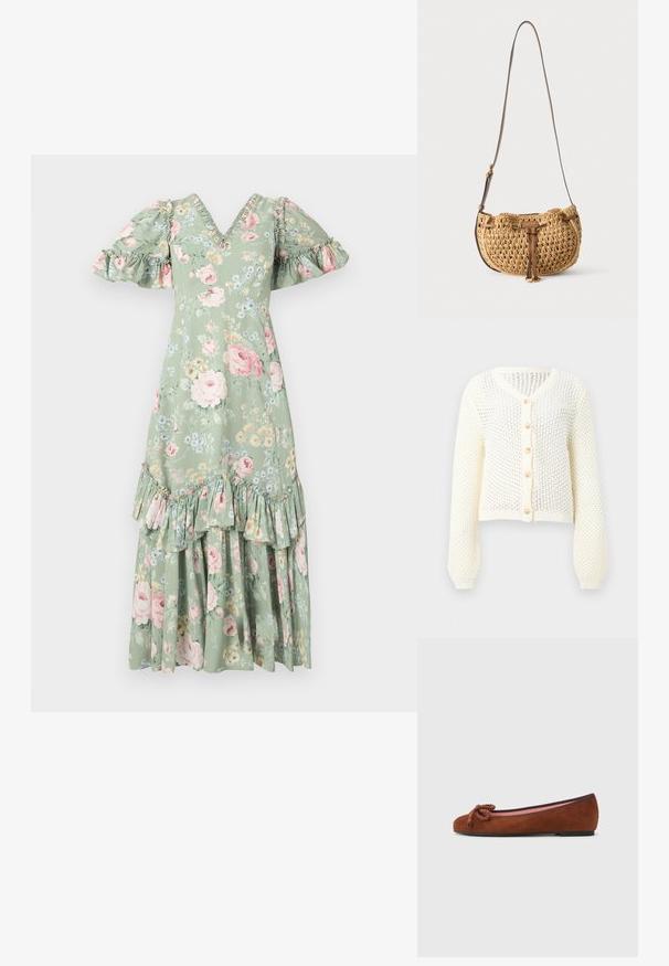 Hvid åbenstrikket cardigan med lange ærmer og fem beige knapper foran, med V-udskæring og ribstrikkede manchetter.; Blomstret maxi-kjole i blød grøn med V-hals, puf ærmer, flæsedetaljer og et tieret kant. Har pink roser og små blå blomster.; Brune ruskind balletflats med rund tå, forsynet med en dekorativ knude foran og en kontrasterende pink indersål. Flad sål.; Lille tanfarvet vævet skuldertaske med justerbar brun læderstrop og læderdetalje foran hængende mod hvid baggrund.