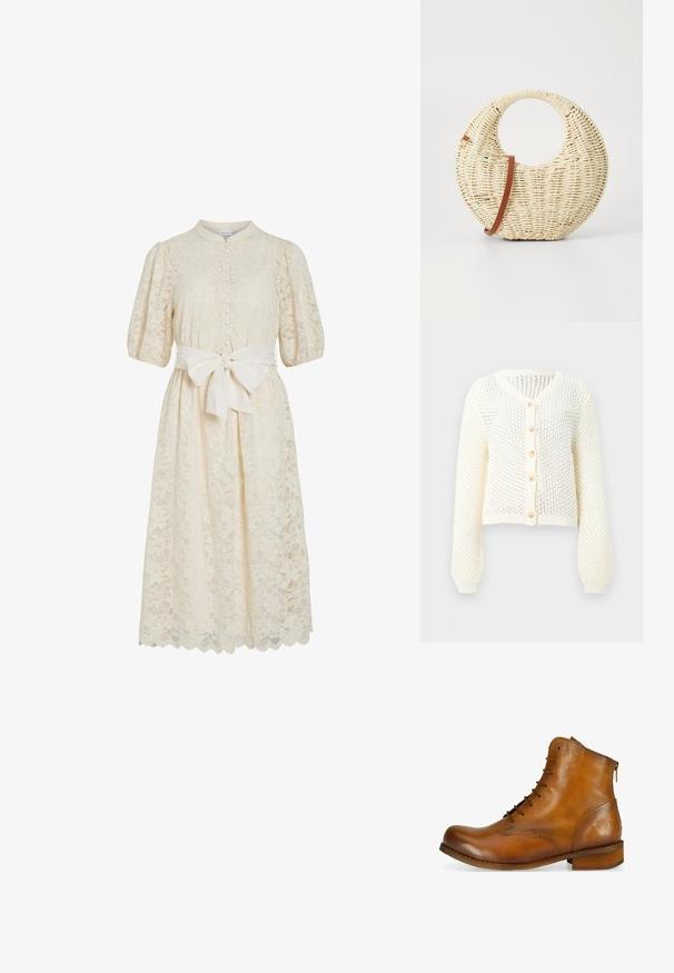 Cárdigan abierto de punto blanco con mangas largas y cinco botones beige en la parte delantera, con escote en V y puños acanalados.; Vestido de encaje en color blanco roto con un cuello alto, mangas cortas abullonadas, botones en la parte delantera y un cinturón de tela. Dobladillo escalonado detallado con patrones florales.; Botín de cuero marrón hasta el tobillo con puntera redondeada, parte delantera con cordones, cremallera lateral y un tacón de madera bajo. Presenta un sutil logo grabado en el tacón.; Bolso redondo trenzado en paja natural con un acabado texturizado. Presenta una correa de cuero marrón suave y un asa circular.