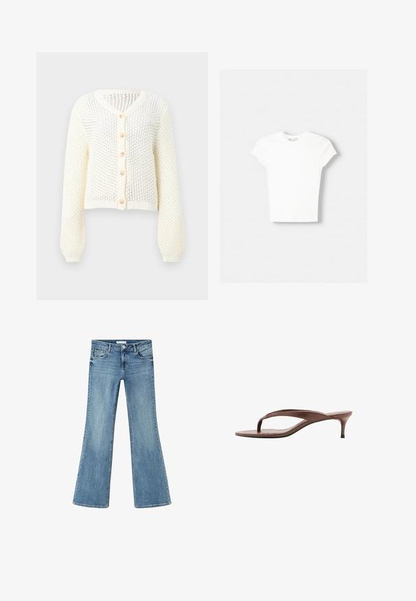 Cardigan blanc en maille ajourée, manches longues et cinq boutons beiges sur le devant, avec un col en V et des poignets côtelés.; T-shirt blanc à manches courtes en coton doux, avec un col rond et une coupe ajustée. Pas de motifs ni d'ornements visibles.; Jean en denim bleu avec poches avant, bouton, fermeture éclair et jambes légèrement évasées, étalé à plat sur un fond blanc.; Sandale en cuir marron avec lanière, petit talon « kitten » et bout carré, vue de profil sur fond blanc.