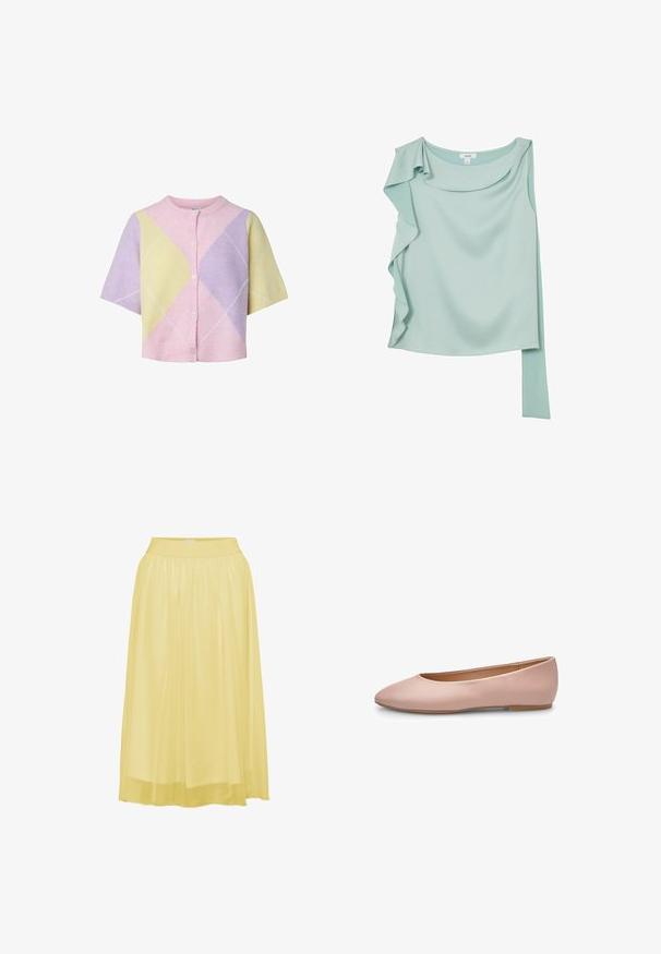 Cárdigan de manga corta con botones, con patrón de rombos en rosa pastel, amarillo y lavanda y bordes acanalados.; Blusa sin mangas de color azul claro con un volante asimétrico en un hombro y una pieza de tela extendida en el lado opuesto.; Falda midi amarilla con pliegues, con una textura suave y brillante y una cinturilla elástica, diseñada para la comodidad y la facilidad de movimiento.; Bailarina de cuero rosa con punta fina, textura suave, detalles mínimos y suela sólida de color marrón claro. Diseño sencillo, sin adornos.