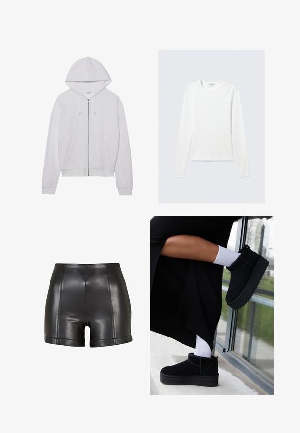 Veste à zip blanche en tissu doux, dotée d'une capuche, de cordons de serrage et de poches frontales. Coupe simple et décontractée avec des poignets et un ourlet côtelés.; T-shirt blanc uni à manches longues avec col rond et coupe slim, présenté sur un fond gris clair.; Shorts en simili cuir noir avec une taille haute, une texture lisse et des coutures visibles sur le devant et l'ourlet.; Bottines en cuir suédé noir à semelle plate, avec une languette arrière, portées avec des chevilles blanches sur un fond minimaliste.