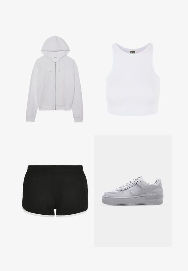 Veste à zip blanche en tissu doux, dotée d'une capuche, de cordons de serrage et de poches frontales. Coupe simple et décontractée avec des poignets et un ourlet côtelés.; Débardeur court blanc à côtes avec de larges bretelles et un col rond. Il présente une texture douce et un design minimaliste sans motifs.; Shorts de sport noirs en tissu texturé, avec une bordure blanche le long des ouvertures des jambes et une taille élastique pour le confort.; Basket en cuir lisse gris Nike Air Force 1 avec un bout perforé, une semelle épaisse et un détail 'AIR' en relief sur le talon.