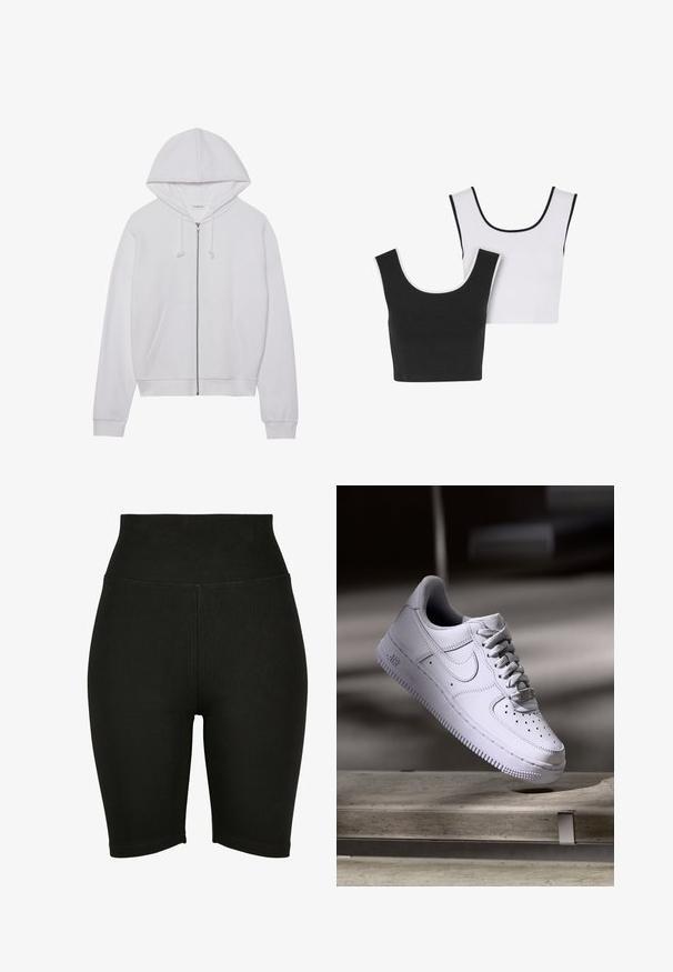 Hvid zip-up hoodie lavet af blødt stof, med hætte, snoretræk og frontlommer. Enkelt, afslappet pasform med ribbede manchetter og kant.; To sømløse crop tops, en sort og en hvid, begge med en rund halsudskæring og kontrastkanter i henholdsvis sort og hvid.; Sorte højtaljede cykelshorts lavet af strækstof, med en glat overflade og syet kant, designet til komfort og bevægelsesfrihed.; Hvid Nike Air Force 1 sneaker svævende over en betonoverflade med skygger i et minimalistisk miljø.