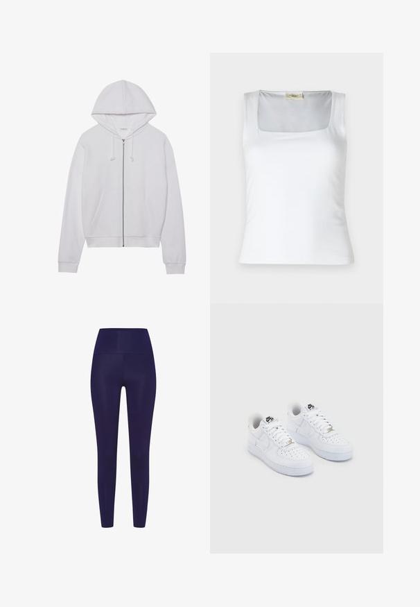 Witte zip-up hoodie van zachte stof, met een capuchon, trekkoorden en voorzakken. Eenvoudige, comfortabele pasvorm met ribgebreide manchetten en onderkant.; Witte tanktop met vierkante halslijn, gemaakt van zachte stof. Beschikt over brede bandjes en een aansluitende pasvorm. Geen zichtbare patronen of versieringen.; Navy blauwe leggings met een hoge tailleband, gemaakt van een gladde, rekbare stof. Het ontwerp heeft een aansluitende pasvorm zonder patronen.; Witte Nike Air Force 1 sneakers met een glad leren bovenwerk, geperforeerde teenbox, witte veters en zwarte branding op de tong.