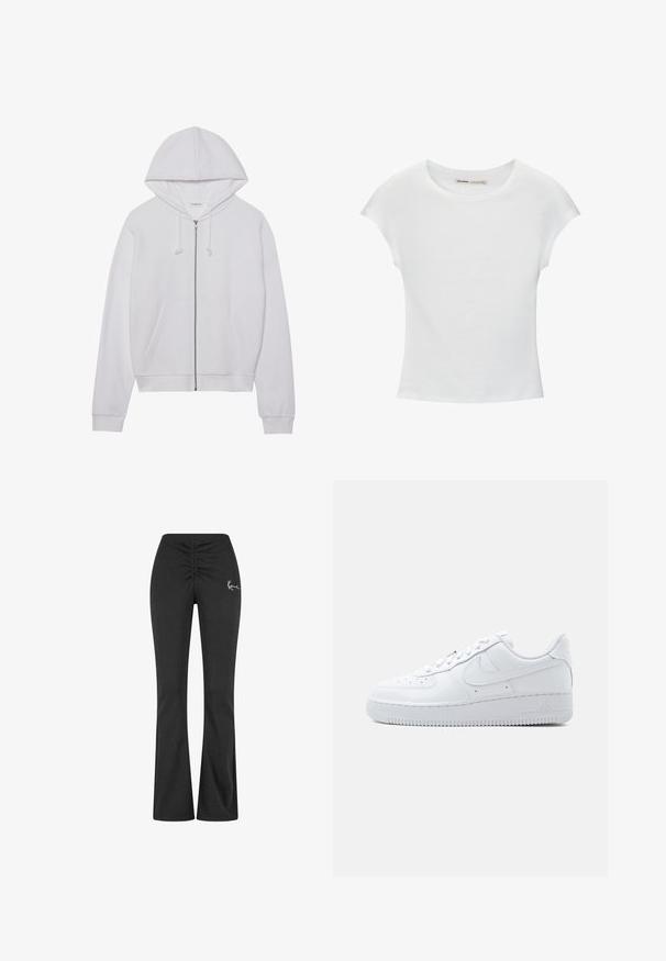 Hvid zip-up hoodie lavet af blødt stof, med hætte, snoretræk og frontlommer. Enkelt, afslappet pasform med ribbede manchetter og kant.; Hvid bomuld t-shirt med korte, opsmøgede ærmer, rund halsudskæring og lige kant. Glat tekstur uden synlige mønstre eller detaljer.; Sorte udringede bukser med en samlet talje, lavet af blødt, strækbart stof. Har et lille hvidt logo på venstre side.; Hvid Nike Air Force 1 sneaker med lavt snit, snørelukning, perforeret tåboks og karakteristisk Swoosh-logo på siden.