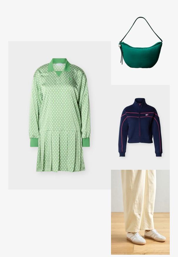 Veste zippée bleu marine avec col montant, passepoil rose sur les manches et la poitrine, et un petit logo rectangulaire sur le côté gauche de la poitrine.; Robe verte à manches longues avec motif géométrique blanc, col et poignets verts, jupe plissée, logo Lacoste sur la poitrine.; Baskets blanches avec un mélange de textures lisses et en daim, avec des accents beiges et une semelle en caoutchouc, associées à un pantalon large de couleur claire.; Sac d'épaule en forme de croissant de couleur sarcelle avec une sangle ajustable, un détail à cordon de serrage et un logo "ck" discrètement embossé au centre de l'avant.
