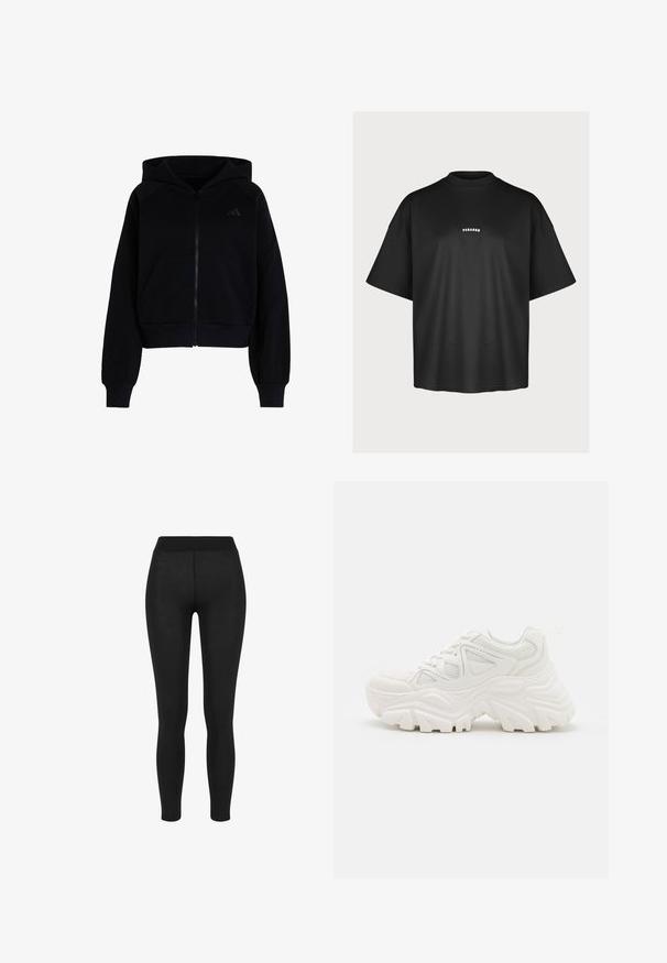 Sort lynlåstrøje med forlommer, ribkanter ved ærmer og bund samt et diskret broderet Adidas-logo på venstre bryst.; Sort oversized t-shirt med korte ærmer og lille hvid "PEGADOR"-tekst centreret på brystet mod en neutral baggrund.; Sorte leggings i glat stof, med høj talje, tætsiddende design og uden synlige sømme, velegnet til afslappet eller aktivt brug.; Hvide chunky sneakers med en tekstureret overdel, mesh-paneler og tykke gummisåler med et markant dækmønster. Snørebånd og en pull-tab medfølger.