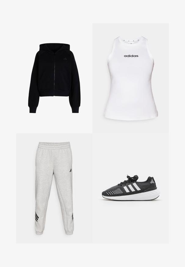 Schwarzer Kapuzenpullover mit Reißverschluss, Fronttaschen, gerippten Bündchen und Saum und einem dezent bestickten Adidas-Logo auf der linken Brust.; Weißes ärmelloses Sportoberteil aus glattem Stoff. Verfügt über einen Rundhalsausschnitt und das schwarze "adidas"-Logo auf der Brust. Einfaches Design, keine Muster.; Hellgraue Jogginghose mit einem gerippten elastischen Bund, schmal zulaufenden Beinen und drei schwarzen diagonalen Streifen nahe den Bündchen. Glatte Textur.; Schwarze Sportschuhe mit einer strukturierten Oberseite, einem weißen Drei-Streifen-Design, einer Gummisohle und kontrastierenden weißen Akzenten an der Ferse.