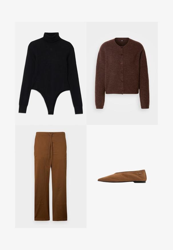 Bruine cardigan gemaakt van zachte stof, met een ronde halslijn, lange mouwen en vijf knopen aan de voorkant met een gestructureerde afwerking.; Zwart turtleneck bodysuit van zachte stof, met lange mouwen, een aansluitende pasvorm en een thong-stijl onderkant voor een gestroomlijnde silhoeët.; Bruine, wijde broek van zacht katoen, met een strik aan de voorkant, twee grote opgestikte zakken en een gladde, effen afwerking.; Bruine suède platte schoen met spitse neus, lage zwarte hak en klein merkje bij de hiel op witte achtergrond.