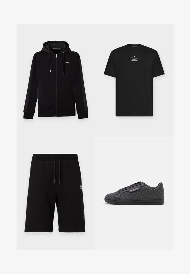 Zwarte hoodie met ritssluiting, trekkoorden, zijzakken en een klein rechthoekig logo op de linkerborst.; Zwart T-shirt met korte mouwen met witte tekst "21 Rue St Guillaume Paris" en een handtekening gedrukt op de borst.; Zwarte knielange shorts met elastische tailleband en trekkoord, voorzien van een kleine witte logotekst op de rechterdij.; Zwarte sneakers met een textuur bovenwerk van stof met een subtiel MK-patroon, zwarte leren accenten en een zwarte rubberen zool.