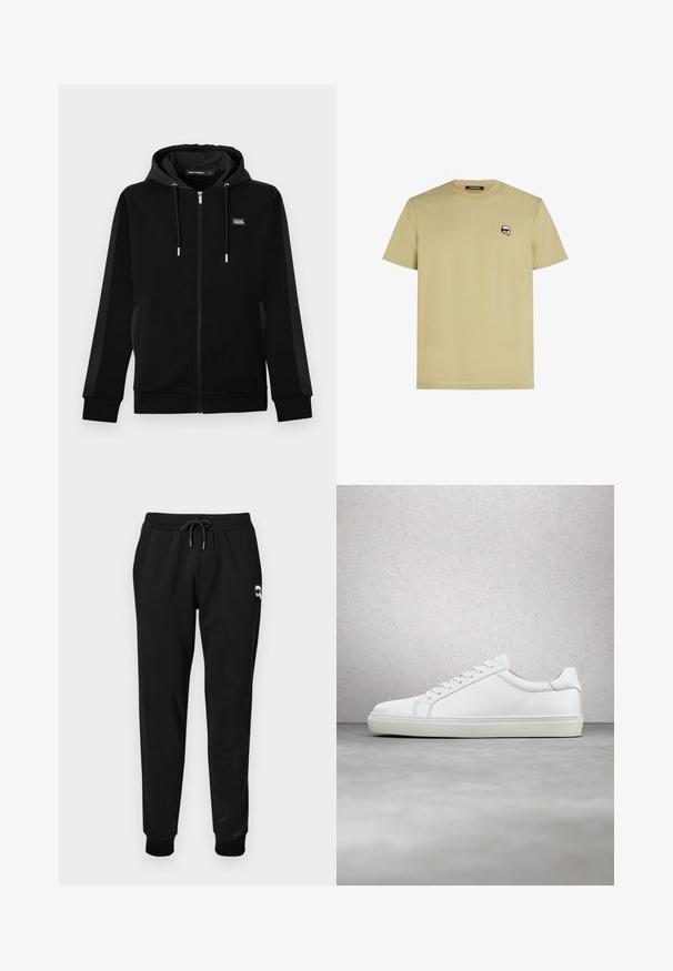 Zwarte hoodie met ritssluiting, trekkoorden, zijzakken en een klein rechthoekig logo op de linkerborst.; Licht kaki T-shirt met korte mouwen van zachte katoen. Heeft een klein zwart-wit logo op de linkerkant van de borst. Eenvoudig ontwerp met ronde hals.; Zwarte sweatpants met een elastische tailleband en een verstelbaar koord. Heeft ribgebreide boorden en een klein grafisch detail op de bovenbenen.; Witte sneaker met een gladlederen bovenwerk en een laag profiel. Voorzien van een ronde neus, zes vetergaatjes en een gestructureerde rubberen zool.