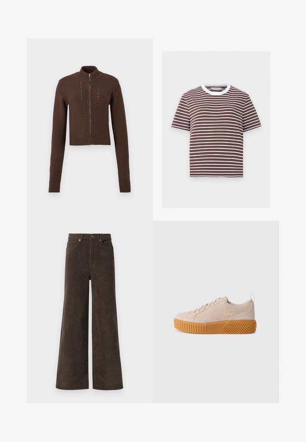 Brun strikket trøje med lynlås og lange ærmer. Har en høj krave og vandrette udskæringsdetaljer foran. Ribstrikkede ærmekanter og nederst på trøjen.; Brun og hvid kortærmet T-shirt med horisontale striber og en hvid rund halsudskæring.; Mørkebrune bredbenede corduroybukser med frontlommer, bæltestropper og en knaplukning i taljen.; Beige lav-top sneakers med tykk tekstureret brun gummisål, snørebånd foran, overdel i ruskind og guld "SOREL"-logo på siden.