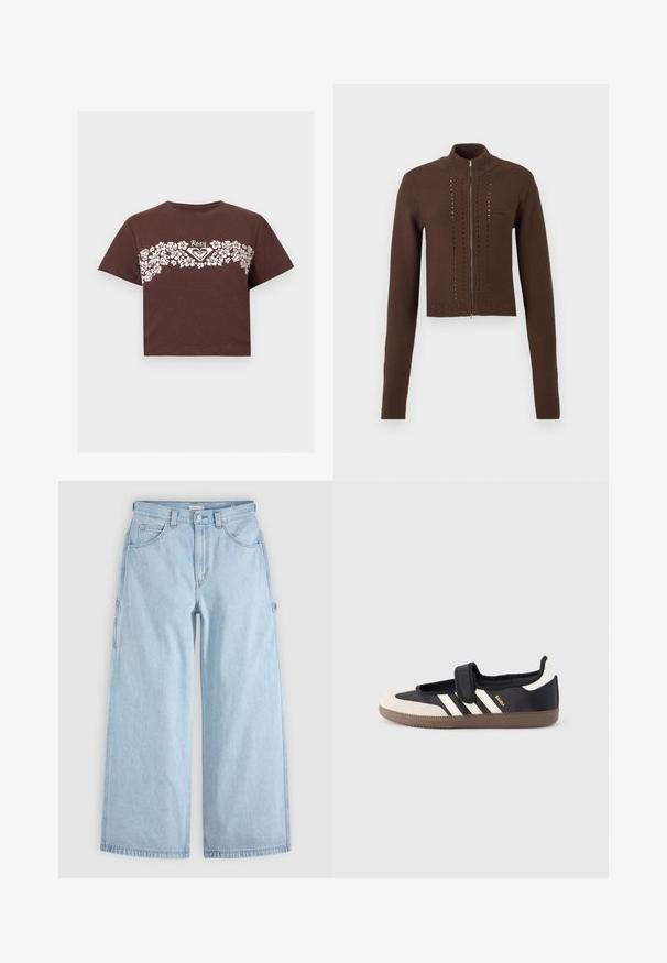 Pull marron en maille avec fermeture éclair et manches longues. Il présente un col haut et des détails horizontaux ajourés sur le devant. Poignets et ourlet côtelés.; T-shirt crop marron avec motif floral blanc sur la poitrine et logo "Roxy" au centre.; Jean en denim bleu clair à jambes larges avec poches avant, passants de ceinture et boucles latérales pour outils, posé à plat sur un fond gris.; Baskets noires et beiges avec une bride en velcro, trois bandes blanches sur le côté, et une semelle en caoutchouc marron texturée. Logo de la marque visible.