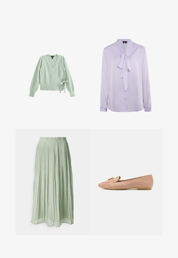 Lichtgroene wikkeltrui met lange mouwen, gestructureerde afwerking, geribbelde onderrand en striksluiting in de taille. Gemaakt van een zachte, warme stof.; Lavendelkleurige blouse met een striknek, lange mouwen en knoopsluiting. Glad materiaal met een lichte glans, met minimalistische ontwerpdetails.; Geplooide midi rok van lichtgroene stof met een zachte textuur. Elastische tailleband, vloeiende uitstraling en subtiele glans overal.; Lichtroze suède ballerina's met een spitse neus, voorzien van een omslagdetail en een goudkleurige gesp als accent. Lage, platte zool. Gladde textuur.