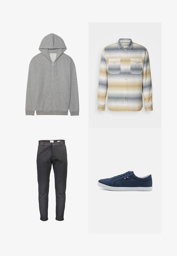 Sweat-shirt zippé gris avec une grande capuche, poches avant et poignets côtelés. Fabriqué en tissu doux et texturé avec une coupe décontractée.; Chemise en tissu avec un motif à carreaux dans des rayures bleu marine, gris et moutarde, dotée d'un devant à boutons et de deux poches sur la poitrine.; Pantalon slim gris foncé en tissu doux, doté d'une fermeture à boutons, de passants pour ceinture et d'ourlets retroussés. Texture lisse sans motifs.; Baskets en toile bleu marine avec semelles en caoutchouc blanches, bout rond et six paires d'œillets pour les lacets. Étiquette de logo sur le côté.