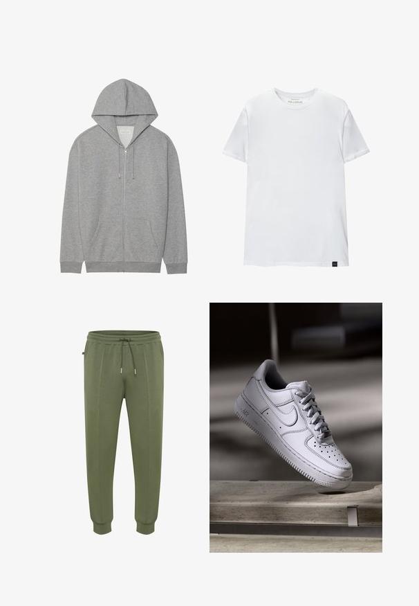 Grijze zip-up hoodie met een grote capuchon, voorzakken en geribbelde manchetten. Gemaakt van zacht, textuurstof met een relaxte pasvorm.; Witte spiergetailleerde t-shirt van katoen. Ronde hals, korte mouwen, gladde textuur. Klein zwart logo-label aan de zoom. Eenvoudig ontwerp.; Joggingbroeken in olijfgroen gemaakt van zachte stof, voorzien van een taille met trekkoord, zijzakken en geribbelde boorden voor een goede pasvorm.; Witte Nike Air Force 1 sneaker van leer met geperforeerde neus, platte veters en een gestructureerde rubberen zool met "AIR"-logo aan de zijkant.