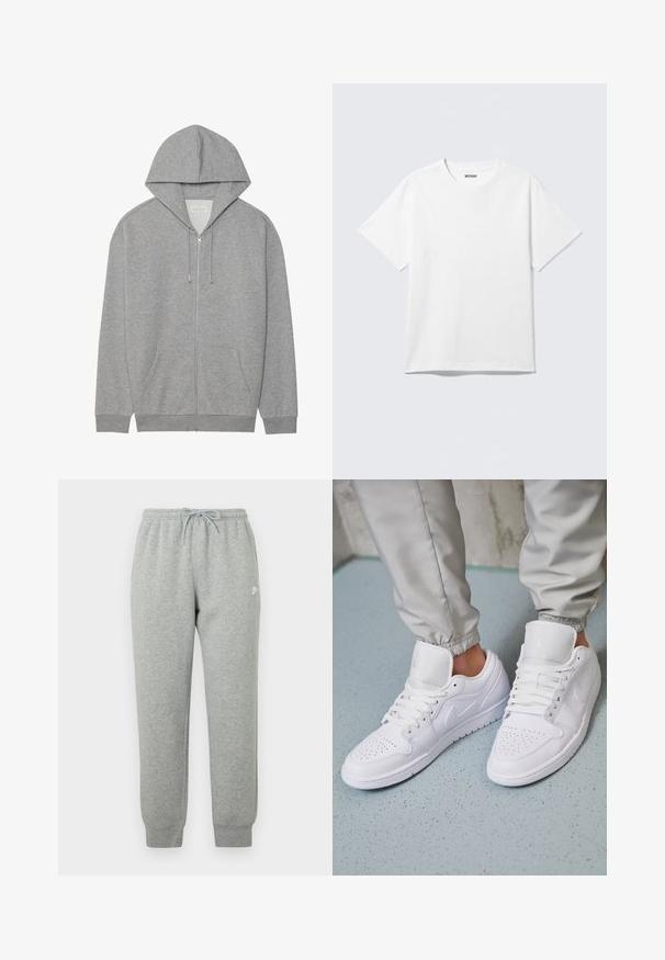 Grå zip-up hoodie med stor hætte, frontlomme og ribbede manchetter. Lavet af blødt, struktureret stof med en afslappet pasform.; Hvid kortærmet crewneck T-shirt lagt fladt ud, ensfarvet design, med "WEEKDAY" mærkat inde i kraven på en lys baggrund.; Grå joggingbukser lavet af blødt stof, med elastisk talje med snøre, tilspidsede ben og en lille hvid logo på siden.; Hvide lædersneakers har en perforeret tåboks, flade snørebånd, polstret krave og Jordan-logoet på tungen. Båret med grå joggers.