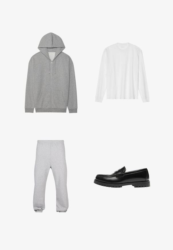 Sweat-shirt zippé gris avec une grande capuche, poches avant et poignets côtelés. Fabriqué en tissu doux et texturé avec une coupe décontractée.; T-shirt blanc en coton à manches longues avec col rond, doté de poignets côtelés et d'un ourlet droit, texture lisse et design minimaliste.; Pantalon de jogging en coton gris clair avec taille élastique et poignets aux chevilles, présenté à plat sur fond blanc.; Mocassin en cuir noir avec une semelle en caoutchouc épaisse et un détail classique de bride à monnaie, vu de côté extérieur.