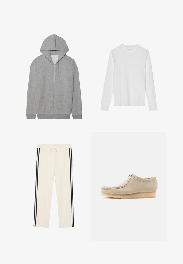 Gray zip-up hoodie with a large hood, front pockets, and ribbed cuffs. Made from soft, textured fabric with a relaxed fit.; Long-sleeve white t-shirt made of soft cotton, featuring a round neckline and a smooth texture with no visible patterns or accents.; Cream jogger pants with elastic waistband and adjustable drawstring. Features two black side stripes running down each leg. Soft fabric texture.; Beige suede lace-up shoe with crepe sole, moccasin-style stitching, and low ankle design isolated on a light background.