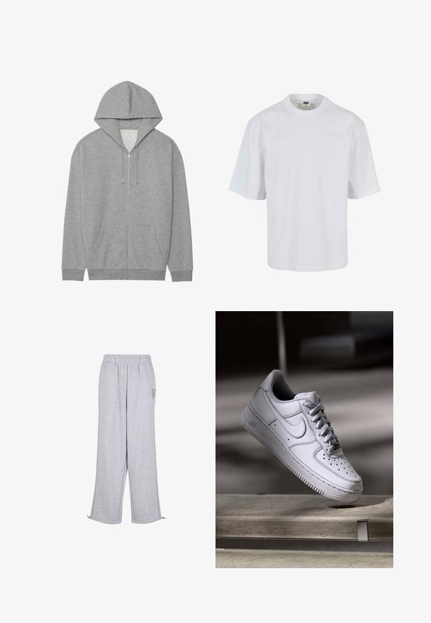 Sweat-shirt zippé gris avec une grande capuche, poches avant et poignets côtelés. Fabriqué en tissu doux et texturé avec une coupe décontractée.; T-shirt blanc à manches courtes en coton. Il présente un col rond et une coupe ample, avec une texture lisse et sans motifs ni graphiques visibles.; Karl Kani Pantalon de survêtement - grey; La basket Nike Air Force 1 en cuir blanc présente un embout perforé, des lacets plats et une semelle en caoutchouc texturée avec le logo « AIR » sur le côté.
