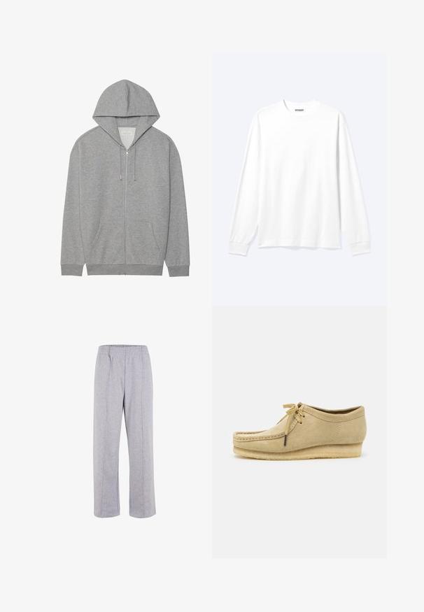 Sudadera gris con cremallera y capucha grande, bolsillos frontales y puños acanalados. Fabricada en un tejido suave y texturado con un corte holgado.; Camisa blanca lisa de manga larga con cuello redondo y puños acanalados, mostrada sobre un fondo claro y neutro.; Pantalones de chándal de algodón ligero en color gris, con cintura elástica, piernas rectas y costuras visibles. Sin bolsillos ni adornos.; Zapato de ante beige con diseño de cordones, detalles cosidos y suela de goma. La forma es casual con un ligero tacón en cuña.