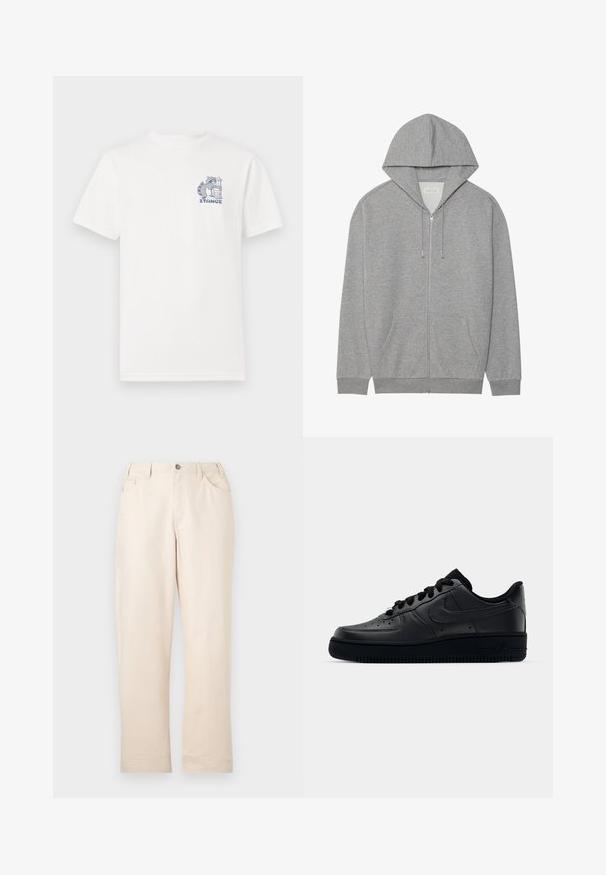Grå zip-up hoodie med stor hætte, frontlomme og ribbede manchetter. Lavet af blødt, struktureret stof med en afslappet pasform.; Hvid t-shirt med korte ærmer lavet af bomuld, med et blåt grafisk motiv på brystet af en vaskebjørn ved siden af en skraldespand og teksten "STANCE."; Beige bukser med lige ben, knaplukning, bæltestropper, to forlommer og en lille møntlomme på hvid baggrund.; Sort Nike Air Force 1 sneaker med en glat læderoverdel, perforeret tå for åndbarhed, sorte snørebånd og en textured gummisål.