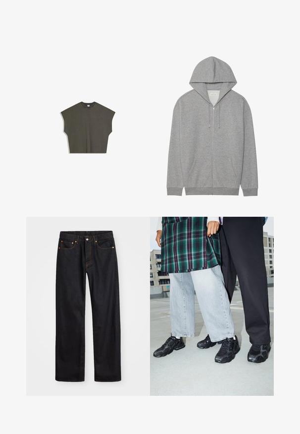 Sweat-shirt zippé gris avec une grande capuche, poches avant et poignets côtelés. Fabriqué en tissu doux et texturé avec une coupe décontractée.; Haut sans manches surdimensionné de couleur vert olive avec un col rond et de larges ouvertures aux bras, posé à plat sur un fond blanc.; Jean en denim noir pour hommes, coupe droite, avec cinq poches et surpiqûres orange, fermeture par bouton et zip à la taille avant.; Baskets de sport noires avec des accents en mesh et en caoutchouc. Portées avec un jean large gris clair et un haut à carreaux vert. Fond à surface plane.