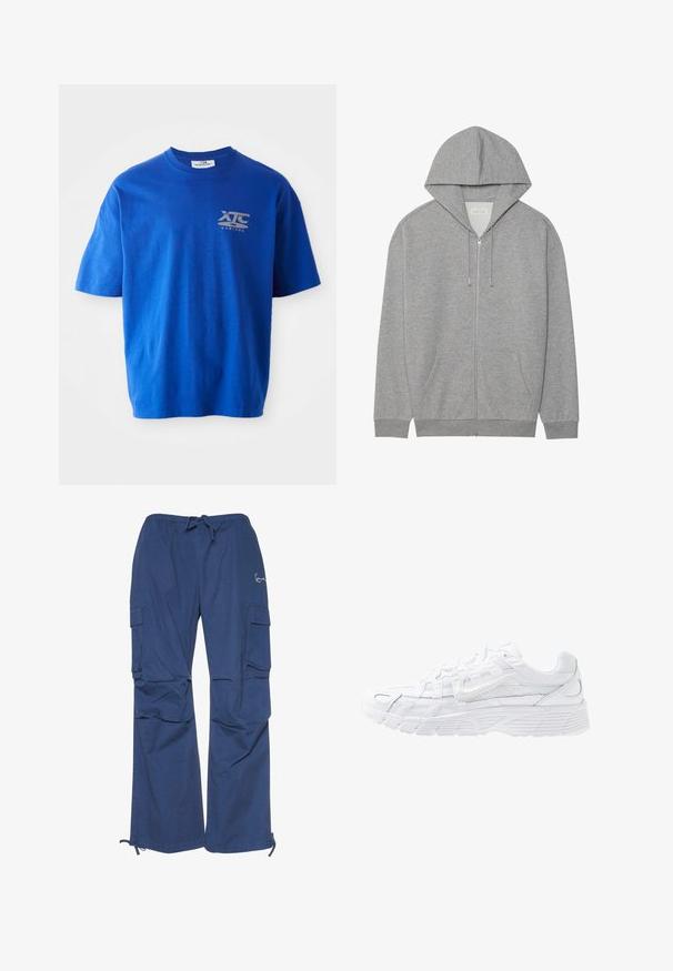 Sudadera gris con cremallera y capucha grande, bolsillos frontales y puños acanalados. Fabricada en un tejido suave y texturado con un corte holgado.; Camiseta de algodón azul con mangas cortas, con un logo gris en la parte superior izquierda del pecho, escote redondo y un corte relajado.; Pantalones cargo azules de algodón, con una cintura ajustable mediante cordón, dos bolsillos laterales y un corte holgado con puños en los tobillos.; Nike Sportswear P 6000 UNISEX - Zapatillas - white/platinum tint
