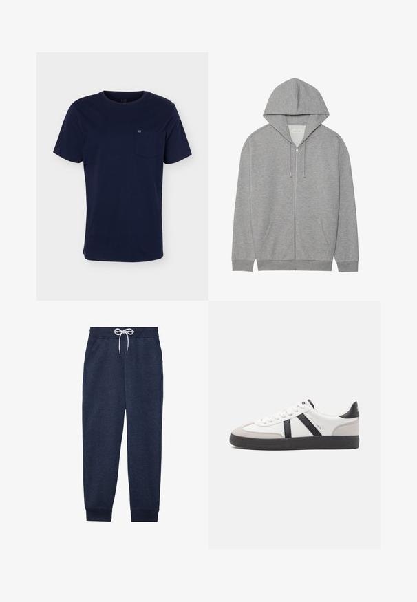 Grijze zip-up hoodie met een grote capuchon, voorzakken en geribbelde manchetten. Gemaakt van zacht, textuurstof met een relaxte pasvorm.; Marineblauw T-shirt met korte mouwen en een ronde hals, met een borstzakje met een klein logo op een effen achtergrond.; Navy joggingsbroek van zachte stof, met een elastische tailleband met een trekkoord, zijknopen en taps toelopende boorden.; Witte sneaker met zwarte en grijze accenten, voorzien van een grijze neus met textuur, zwarte rubberen zool en platte witte veters. Schoon ontwerp, minimalistische stijl.