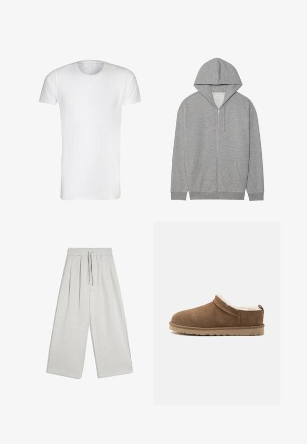 Grauer Reißverschluss-Hoodie mit einer großen Kapuze, Vordertaschen und gerippten Bündchen. Hergestellt aus weichem, strukturiertem Stoff mit lockerer Passform.; Weißes T-Shirt mit kurzen Ärmeln, aus weicher Baumwolle, mit Rundhalsausschnitt und geradem Saum. Keine sichtbaren Muster oder Verzierungen.; Hellgraue Hose mit weitem Bein, elastischem Bund und Kordelzug, vorne mit Falten und lockerer Passform.; Brauner Velours-Slipper mit beiger Sohle und weißem Fleecefutter, für Wärme und Komfort im Innenbereich konzipiert.