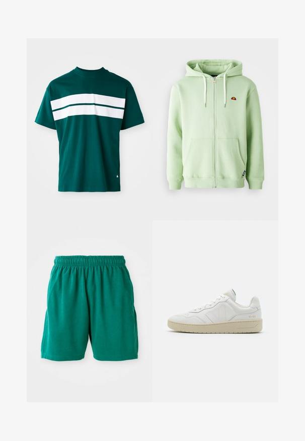 Sudadera con cremallera de color verde claro hecha de algodón, con un bolsillo tipo canguro, capucha con cordón y un pequeño logo bordado en el pecho.; Camiseta de algodón en color azul verdoso con cuello redondo, mangas cortas y rayas horizontales blancas en el pecho. Ajuste ligeramente relajado.; Bermudas de algodón verdes con cintura elástica, bolsillos laterales y dobladillo cosido. Textura suave con un ajuste relajado y casual.; Zapatillas blancas de cuero con un acabado texturizado y cuello acolchado. Cuentan con una suela de goma beige y un sutil logotipo en el talón y el lado.