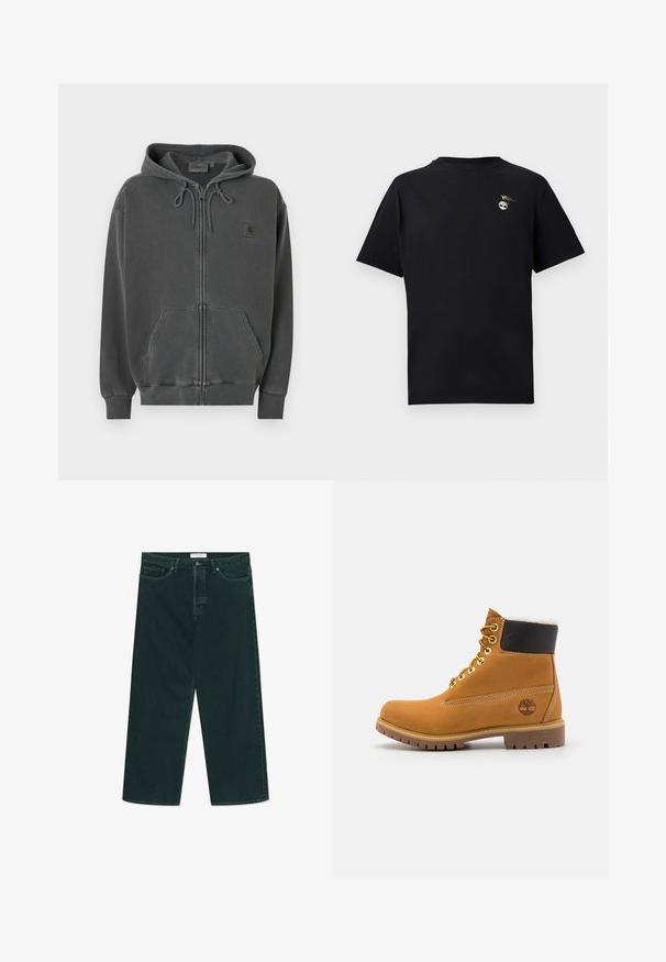 Sweat à capuche gris foncé zippé avec capuche à cordon, poche kangourou à l'avant, poignets côtelés et un petit patch logo Carhartt sur la poitrine.; T-shirt noir à manches courtes avec col rond, petit logo d'arbre blanc et détail de papillon jaune sur le côté gauche de la poitrine.; Jeans en denim vert foncé à jambes larges avec fermeture à bouton et à zip, poches avant et passants de ceinture, posés à plat sur un fond blanc.; Bottine en cuir brun avec œillets en métal, doublure en fourrure blanche, col rembourré noir, semelle robuste et logo en relief sur le côté.