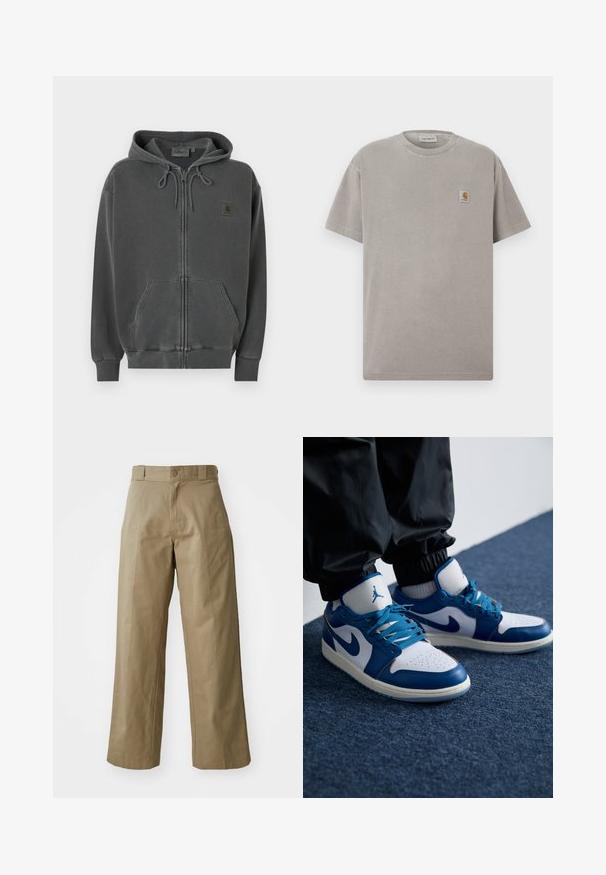 Mørkegrå lynlåshoodie med justerbar snøre i hætten, frontlomme i kængurustil, ribstrikkede manchetter og et lille Carhartt-logo på brystet.; Grå bomuld t-shirt med korte ærmer, rund hals og en lille firkantet logo-patch på venstre bryst. Glat tekstur og afslappet pasform.; Khaki bredde ben bukser lavet af bomuldsblandingsstof, med en enkelt knaplukning og synlige sidelommer. Glat tekstur, plisseret detalje.; Nike Air Jordan sneakers har en hvid læderbase med blå syntetiske detaljer, en perforeret tåboks og blå snørebånd.
