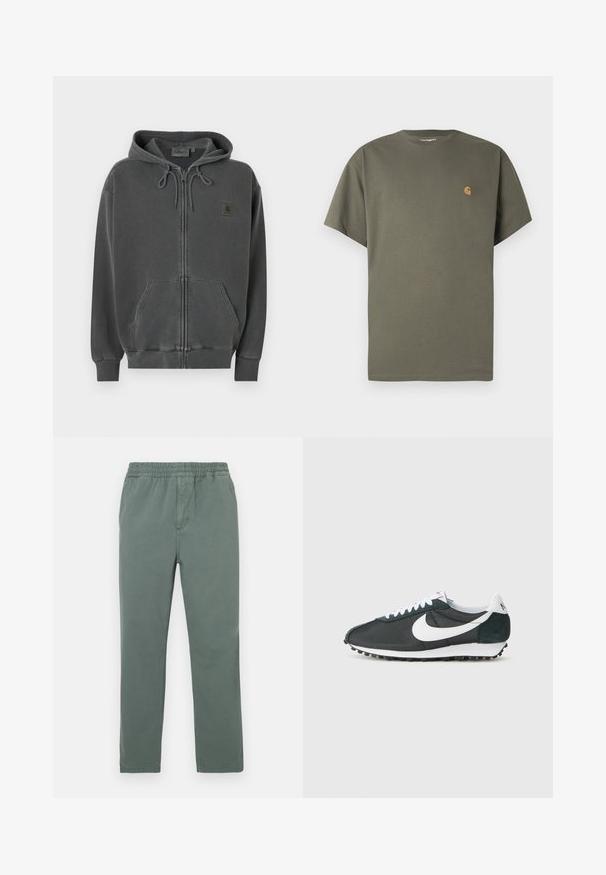 Dunkelgrauer Kapuzenpullover mit Reißverschluss, Kordelzugkapuze, vorderer Kängurutasche, gerippten Bündchen und einem kleinen Carhartt-Logoaufnäher auf der Brust.; Olivgrünes T-Shirt mit Rundhalsausschnitt, kurzen Ärmeln, aus Baumwolle, mit kleinem orangefarbenem Logo auf der linken Brustseite.; Grüne Baumwollmischungshose mit elastischem Bund, geradem Bein und feiner Struktur. Verfügt über Seitentaschen und eine zentrale Naht.; Nike-Sneaker aus schwarzem Mesh mit weißem Swoosh, weißen Schnürsenkeln und dunkelgrünen Wildlederakzenten. Verfügt über eine strukturierte schwarze Gummisohle.