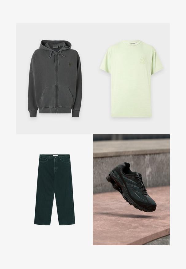 Mørkegrå lynlåshoodie med justerbar snøre i hætten, frontlomme i kængurustil, ribstrikkede manchetter og et lille Carhartt-logo på brystet.; Lysegrøn bomuld t-shirt med afslappet pasform, korte ærmer og et lille broderet design på venstre bryst.; Mørkegrønne vidde denimjeans med knap- og lynlås lukning, forlommer og bæltestropper, liggende fladt på en hvid baggrund.; Sort atletisk sneaker med synligt luftdæmpende mellemsål, der svæver over en pink stenoverflade med en grå stenvæg i baggrunden.