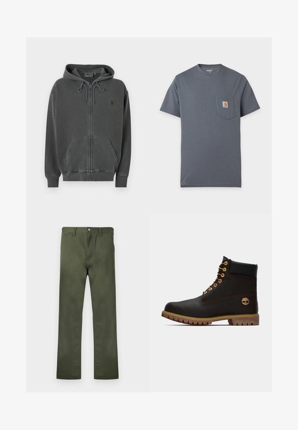 Sweat à capuche gris foncé zippé avec capuche à cordon, poche kangourou à l'avant, poignets côtelés et un petit patch logo Carhartt sur la poitrine.; T-shirt gris à manches courtes avec une poche avant comportant un petit patch carré du logo Carhartt sur la poitrine.; Pantalon vert olive en tissu durable, avec une coupe droite, des poches avant et une fermeture à bouton. Texture lisse.; Bottine noire en cuir avec œillets dorés, accents marron et semelle en caoutchouc. Comprend un col rembourré et un logo estampé sur le côté.