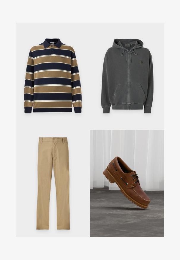 Mørkegrå lynlåshoodie med justerbar snøre i hætten, frontlomme i kængurustil, ribstrikkede manchetter og et lille Carhartt-logo på brystet.; Langærmet polo med marineblå, tan og hvide lodrette striber; har en krave, tre-knaps knaplukning og broderet logo på brystet.; Beige chinos med en glat tekstur, lige ben, knaplukning og bæltestropper. Ingen synlige mønstre eller pynt.; Brun læder bådsko med sorte snørebånd, beige syninger og en robust sål, hængende over en grå betongulv.