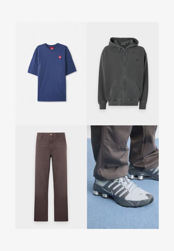 Tummanharmaa vetoketjullinen huppari, jossa kiristysnauhallinen huppu, etutasku, resorit hihansuuissa ja pieni Carhartt-logo rinnassa.; T-paita, joka on sinimusta ja lyhythihainen, valmistettu puuvillasta. Paita on pyöreäkauluksinen ja siinä on pieni punainen logopatchi rinnassa.; Ruskeat suoralahkeiset housut, joissa on etutaskut, vyölenkit ja kultainen napin suljin.; Harmaat ja hopeiset Nike Shox -tennarit ovat tyylikkään muotoilun omaavia, joissa on verkko- ja synteettisiä materiaaleja, pyöreä kärki ja pehmustettu nilkkareunus.