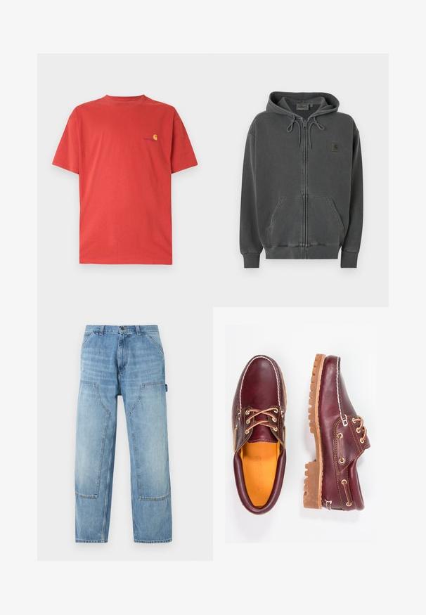 Sweat à capuche gris foncé zippé avec capuche à cordon, poche kangourou à l'avant, poignets côtelés et un petit patch logo Carhartt sur la poitrine.; T-shirt en coton rouge avec col rond, manches courtes, et petit logo jaune sur le côté gauche de la poitrine. Texture lisse, design décontracté.; Pantalon de charpentier en denim bleu clair avec de grandes poches plaquées à l'avant et une boucle porte-marteau sur le côté droit, coupe droite.; Chaussures en cuir bourgogne avec semelles en caoutchouc marron, bout rond, couture blanche et œillets dorés. L'intérieur présente une doublure jaune.