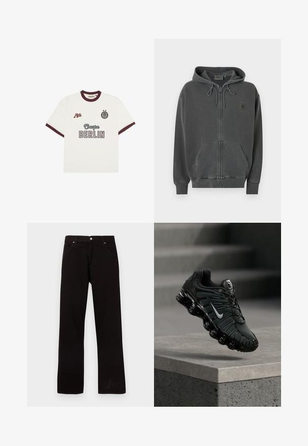 Mørkegrå lynlåshoodie med justerbar snøre i hætten, frontlomme i kængurustil, ribstrikkede manchetter og et lille Carhartt-logo på brystet.; Hvid kortærmet T-shirt med burgunderrød kant, "Escape BERLIN" tekst i midten foran, "Mitte" på venstre bryst og cirkulært emblem med to stjerner på højre bryst.; Sorte jeans med lige ben, fem lommer og sølvfarvet knaplukning, lagt fladt på en hvid baggrund.; Sort og mørkegrå Nike løbesko med hvid swoosh-logo, svævende over en betonafdækning med trapper i baggrunden.