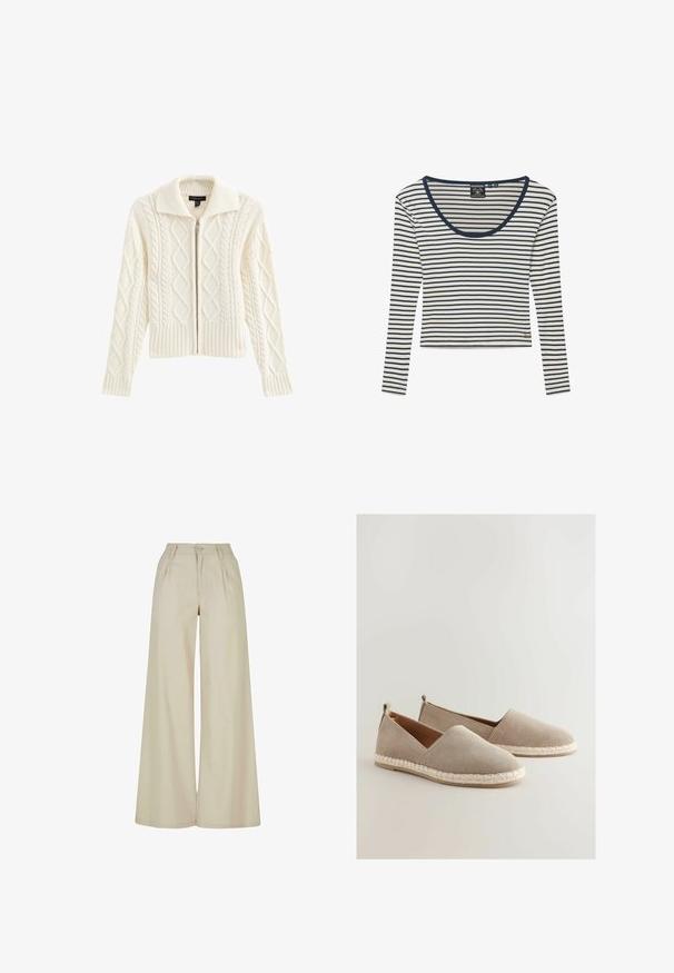 Pull en maille couleur crème avec fermeture éclair, motif en maille torsadée, et ourlet et col côtelés. Manches longues avec détail texturé.; Chemise blanche à manches longues avec fines rayures horizontales bleu marine et bordure bleu marine autour de l'encolure arrondie, avec petit logo doré près de l'ourlet.; Pantalon beige à jambes larges, taille haute, plis sur le devant, passants pour ceinture et fermeture par bouton.; Des chaussures slip-on en suédine beige avec une semelle en jute tressé, présentant un design à découpe basse et un petit accent de talon à l'arrière.