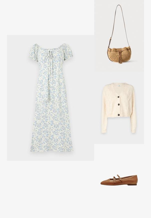 Cardigan court blanc cassé en tricot doux, avec un col en v, un motif en maille torsadée et cinq boutons noirs à l'avant.; Robe midi blanche avec imprimé floral bleu clair, manches courtes bouffantes, encolure froncée et détail noué à l'avant.; Ballet flats en cuir marron avec deux sangles ajustables, boucles carrées, design à bout pointu et semelle en caoutchouc plate. Texture lisse avec une finition mate.; Petit sac d'épaule tressé beige avec bandoulière en cuir marron réglable et détail de lien en cuir à l'avant, suspendu sur fond blanc.