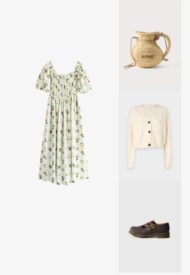 Off-white cropped cardigan van zacht breigoed, met een v-hals, kabelbreipatroon en vijf zwarte knopen aan de voorkant.; Witte maxi-jurk met pofmouwen, een gerimpeld lijfje en meerkleurige bloemen- en fruitpatronen met cursieve tekst.; Donkerbruin leren schoen met dubbele gespriemen, geperforeerd teendesign en dikke doorschijnende zool met gele stiksels.; Ronde gevlochten strohandtas met een handvat van touw en "ALEMAIS" geborduurd aan de zijkant in bruine draad.