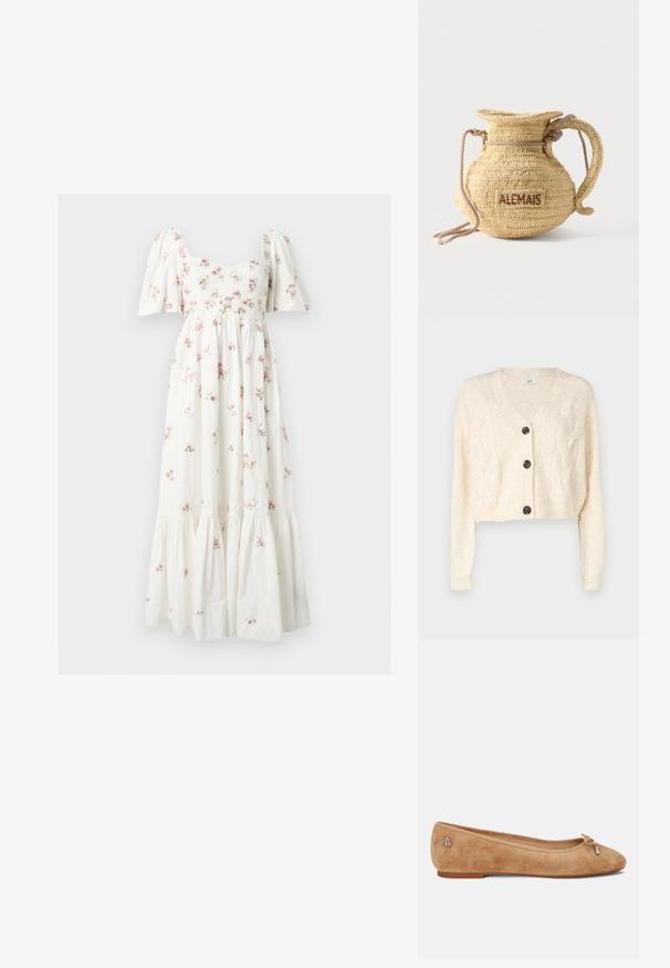 Off-white cropped cardigan van zacht breigoed, met een v-hals, kabelbreipatroon en vijf zwarte knopen aan de voorkant.; Witte midi-jurk met pofmouwen, een aansluitend lijfje en een kleine roze bloemenprint, met een geplooide, gelaagde rok.; Beige suède balletschoen met een lichtpuntige neus, een strikaccent aan de voorkant en een klein metallic logo op de hak. Platte zool.; Ronde gevlochten strohandtas met een handvat van touw en "ALEMAIS" geborduurd aan de zijkant in bruine draad.