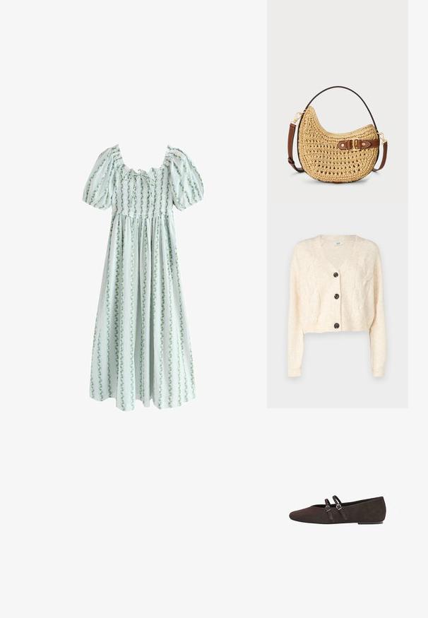 Cardigan court blanc cassé en tricot doux, avec un col en v, un motif en maille torsadée et cinq boutons noirs à l'avant.; Robe bleu clair à manches bouffantes avec corsage froncé et rayures verticales florales vertes, dotée d'une jupe ample et fluide.; Chaussure plate en daim marron avec un bout pointu. Présente deux fines sangles avec des boucles en argent pour une touche de design. Talon bas et stable.; Sac hobo en paille tissée avec une forme courbée, une sangle en cuir marron avec une boucle et une couleur beige naturel. Surface texturée avec des coutures visibles.